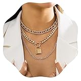 Jumwrit Chunky Chain Necklace Punk Layered Choker Necklaces Cuban Link Chain Necklace with Lock Pendant Necklace Statement Necklace for Women（Gold）