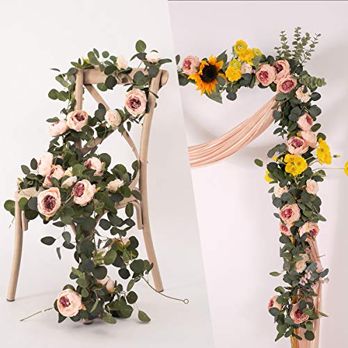 Misspin 2Pcs Artificial Flowers Garland Eucalyptus Garland Vintage Fake Flower Peony Rose Vine Greenery Decorative Wall Hanging Plant For Wedding Arch Door Arrangement Party Decor (Vintage Pink,2) #TOP7