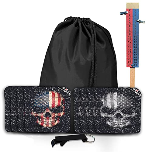 Beerpongtoss Pro Cornhole Bags Sets of 8 Regulation Professional for Tournament, Pro Approved Slick n Stick Corn Hole Beans Bags for Cornhole Games (Black/Red American Skull)
