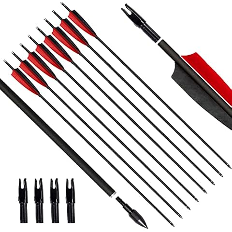 ARCHERY SHARLY 31" Carbon Fiber Arrows Targeting Practice Arrows, Black & Red Natural Feather Fletching and Replacement Screw-in Tips for Recurve & Compound Bow,Traditional Long Bow (12 Pack) Cover