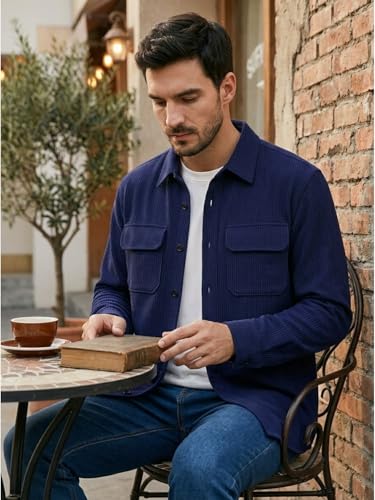 Image of DEELMO Men's Full Sleeve Corduroy Shirt | Stylish Textured Casual Button-Down Shacket for Autumn Winter | Dual Pocket Front Design | Ideal for Layering and Daily Outfits
