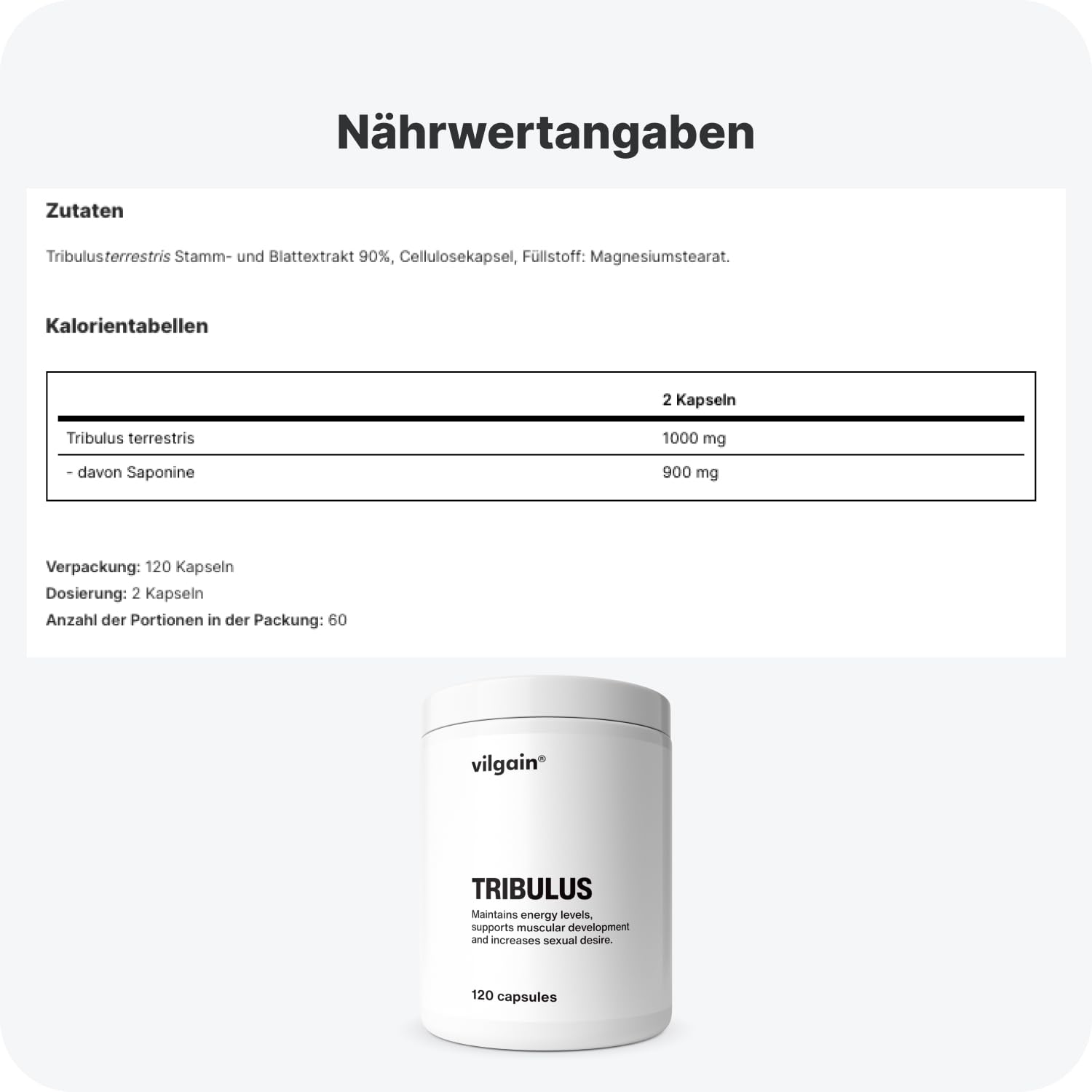 Vilgain Tribulus Terrestris – Hochdosierter Extrakt mit 40% Protodioscin & 90% Saponinen, vegan, für Energie, Vitalität, Regeneration & Wohlbefinden, laborgeprüft, ideal für Sportler & aktive Menschen