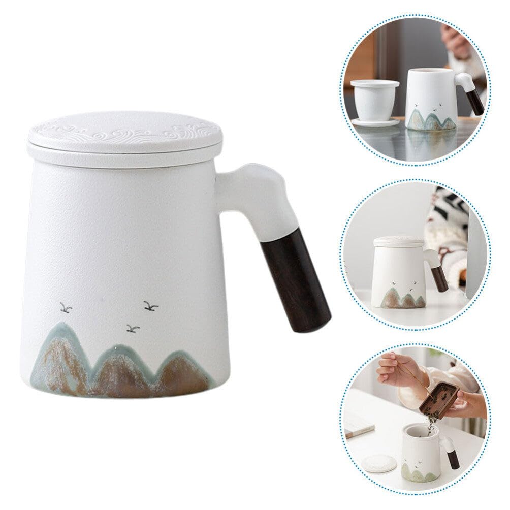 Alipis Tasse à Thé Poignée en Bois avec Infuseur et Couvercle en Céramique Filtre à Thé Intégré Design Blanc Élégant Usage Domestique et Bureau