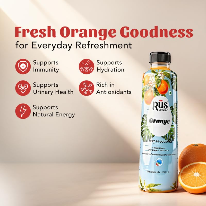 Image of Rus Organic Orange Juice | Cold-Pressed & Natural | Pack of 2 (1000ml Each) | No Added Sugar or Preservatives | Immunity Support | Rich in Antioxidants | Refreshing Drink | Travel Juice | Real Oranges