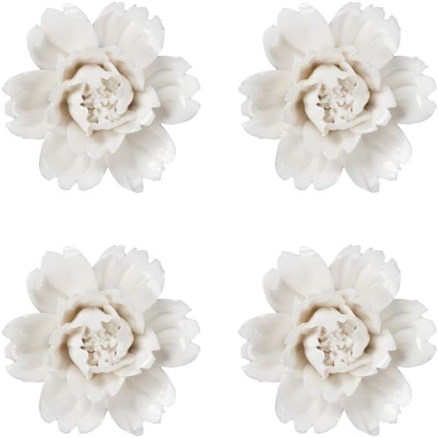 Insiswiner Handcrafted Ceramic Flowers Sculpture Home Hanging 3D Wall Art Decor Decoration for Living Room Bedroom White Peony (4 pack)