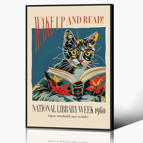 Image of Anslipswar Cat and Book Poster, Wake Up and Read Inspiring Wall Art Canvas, Retro 1960 National Library Week Wall Art, Reading Art for Book Lover, Classic Gallery Wall Decor 30x40cm Unframed