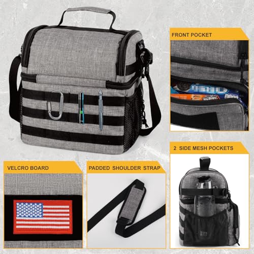 Image of ATRIPACK 2 Compartment Lunch Bag for Men Adult, Tactical Lunch Box Leakproof Insulated Large Cooler Bag for Work with Adjustable Shoulder Strap Flag Double Layer Lunch Pail（Grey）