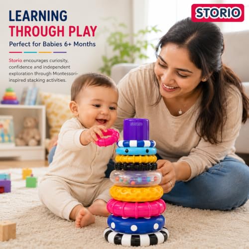 Image of Storio Stacks of Circles Stacking Ring Toy for Babies 6+ Months | 9-Piece Multi-Color STEM Learning | Educational Baby Toy for Fine Motor Skills | Textured Rings with Sound Beads | Montessori Learning
