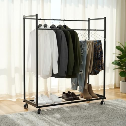 Image of RIZIK STORE Heavy-Duty Metal Garment Rack with Wheels & Bottom Shelf | Clothes Organizer, Storage Shelf | Anti-Rust Iron Clothing Stand for Bedroom, Entryway & Living Room (Black)