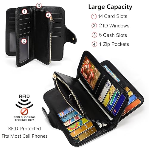 Image of UTO Wallet Women Vegan Leather Wristlet Snap Long Purse Credit Card Holder Elegant Clutch