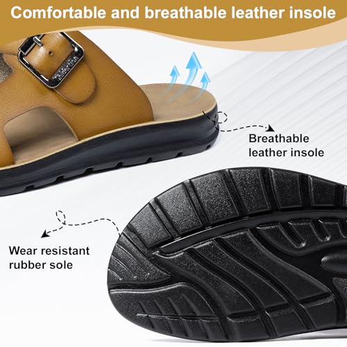 Men's leather sandals, beach flat-soled slippers, PU insole slippersWith adjustable buckles, size 5-113