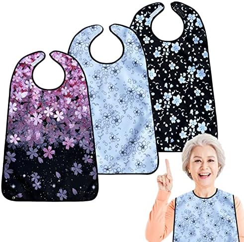 VOPHIA 3 Pack Adult Bibs for Women Washable Bib Reusable Waterproof Clothing Protector with Optional Crumb Catcher Cherry Blossoms