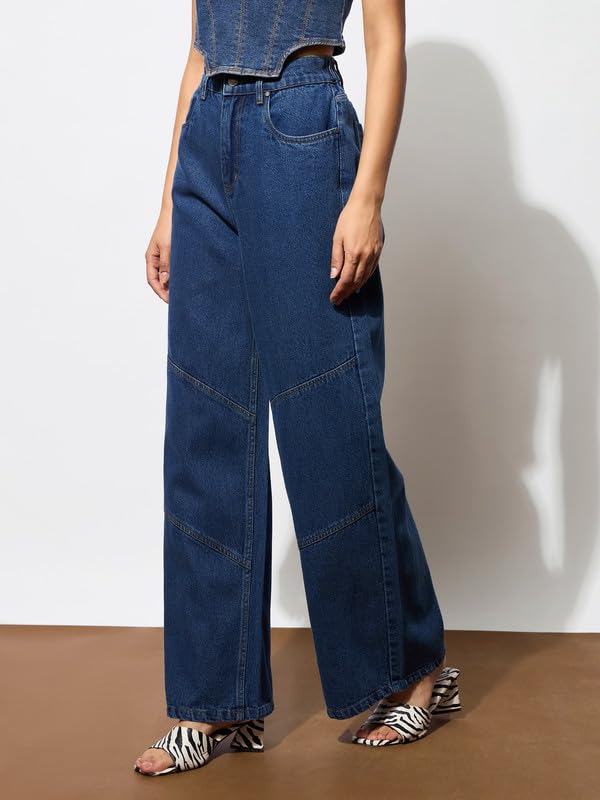 Image of barcino Navy High-Rise Stitch Detail Straight Jeans