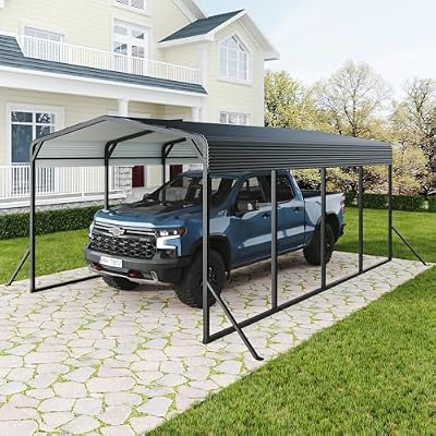 12x20 FT Heavy Duty Metal Carports, Outdoor Canopy Carport Garage with Reinforced Frame, Base and 4 Support Legs for Cars Pickup Trucks Tractors Boats RVs Parties