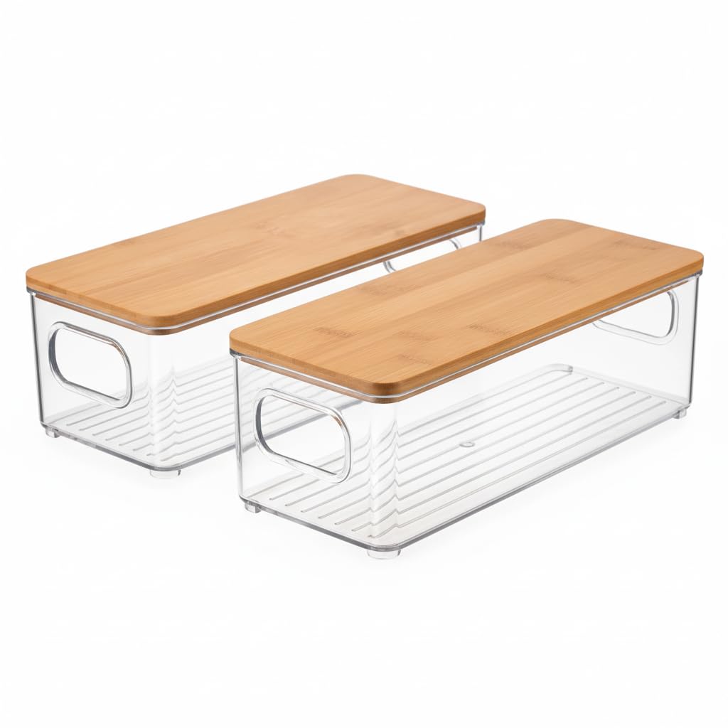 Gzsekken Plastic Storage Bins 2 Pack Kitchen Storage Box Stackable Cabinet Shelf Organiser with Bamboo Lid Kitchen Pantry Cabinet Perfect Snack Organisation- Clear/Natural-S-25 x 9.7 x 7.7 cm