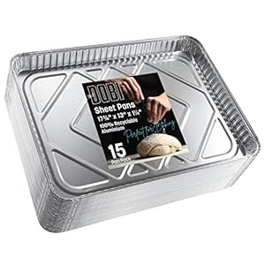 Aluminum Sheet Pans (15 Pack) Disposable Heavy-Duty Large Baking Trays – Half Sheet Size. Sturdy Foil Pans Great For Baking Cookies, Grilling and more, 17 3/4″ x 13 1/4″ x 1 1/4″