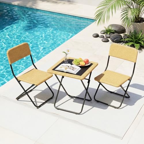 Image of DEVOKO Foldable 3-Piece Outdoor Patio Wicker Furniture Set with Glass Top Table, All-Weather HDPE Rattan, Rustproof Metal Frame for Garden, Balcony & Lawn (Beige)