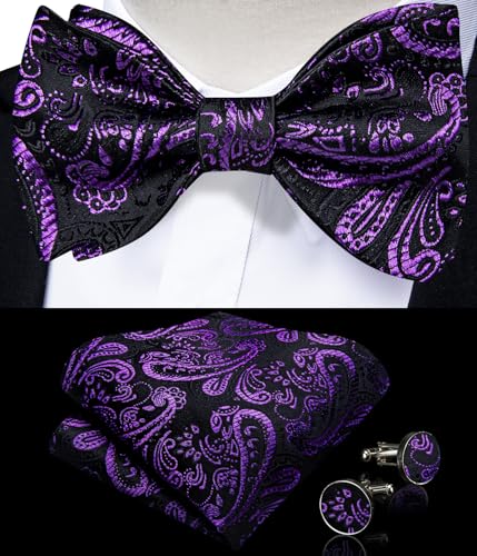 Image of DiBanGu Men Bow Tie Paisley Striped Self-Bow Tie for Men and Silk Woven Bowtie Pocket Square Cufflinks Wedding Party