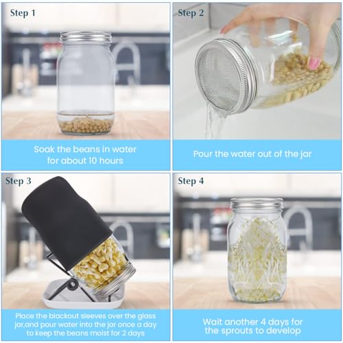 Image of HASTHIP Seed Sprouting Jar with Lid 32Oz Glass Sprouting Mason Jar with Shading Sleeve Ventilation Stainless Steel Mesh Lid Reuseable Glass Sprouting Mason Jar for Edible Sprouts, Mung Beans, Lentils