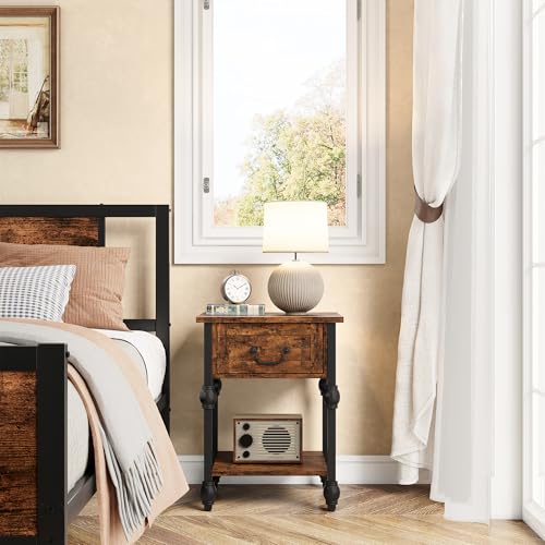 GAOMON End Table, Industrial Side Table with Drawer and Storage Shelf, Metal Frame Nightstand with Wooden Top, Space Saving Console Table for Living Room, Bedroom, Office, Vintage by GAOMON - Used condition - US$62.01