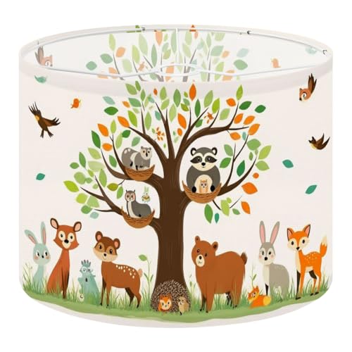 Round Drum Light Shade Nursery Decor Woodland Animal Tree Kid Bedroom Bathroom Nursery Large Lampshades for Ceiling Lights Table Floor Lamps Easy Assembly Replacement Lamp Shades Spider Fitter