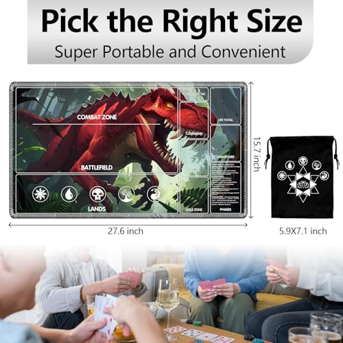 Image of for MTG Playmat with Card Storage Bag,Non-Slip Rubber Base & Smooth Surface 27.6x15.7in,Beginner-Friendly Magic Mat for Commander Deck,Red Dinosaur