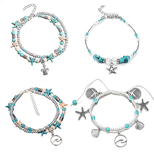 Softones Blue Starfish Turtle Anklet Multilayer Charm Beads Sea Handmade Boho Anklet Foot Jewelry for Women Girl