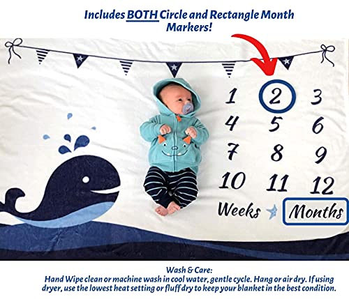Baby Monthly Milestone Blanket With 12 Stickers, Large 60"X40" Infant Month Blankets Boy, Newborn Photography Background Mat Photo Prop, Nautical Whale Nursery Shower Gift, Growth Chart Tracker #TOP2