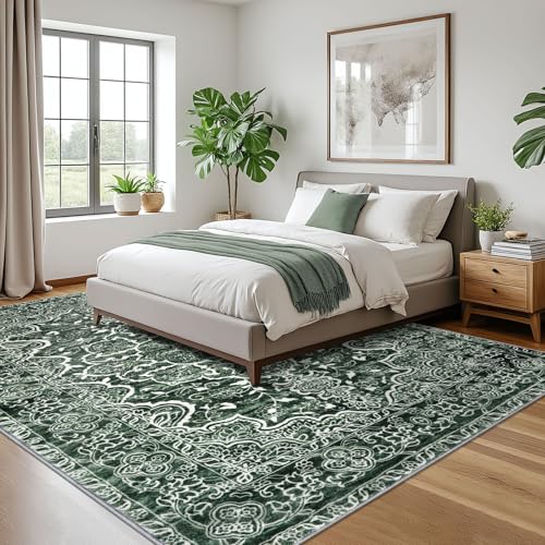 KUTA Dark Green Area Rug 9x12 Living Room, Washable Large Rugs for Bedroom 9ft x 12ft Non-Slip, Ultra Soft Printed Vintage Medallion Dining Room Low-Pile Carpet for Office