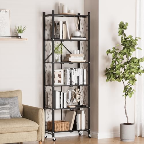 Image of ALANNG 73.6 Inch Folding Bookshelf, 6 Tier Metal Bookcase and Bookshelves | Tall Shelves for Living Room Office Bedroom, Heavy Duty Book Shelve Free Standing Open (Black, 3PACK)