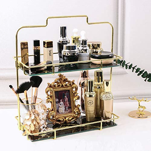 Simmer Stone Makeup Organizer Shelf, 2 Tier Cosmetic Storage Basket With Removable Glass Tray, Wire Vanity Organizer Rack For Dresser, Countertop, Bathroom And More, Gold #TOP1