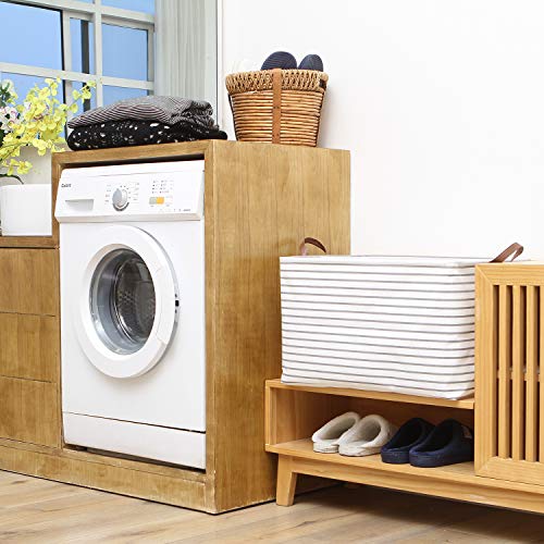 Hinwo 2-Pack Extra Large Canvas Fabric Storage Baskets With Handles, 70L Oversized Storage Bins, Collapsible Storage Box, Clothes, Toys, Blankets Organizers, 22 X 15 X 13 Inches, (Grey Stripe) #TOP1