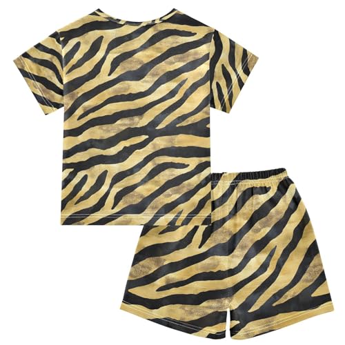 ALAZA Tiger Print Striped Yellow Black Pajamas Set Short Sleeve Cotton Sleepwear Summer Pjs 2 Piece 5-14Y2