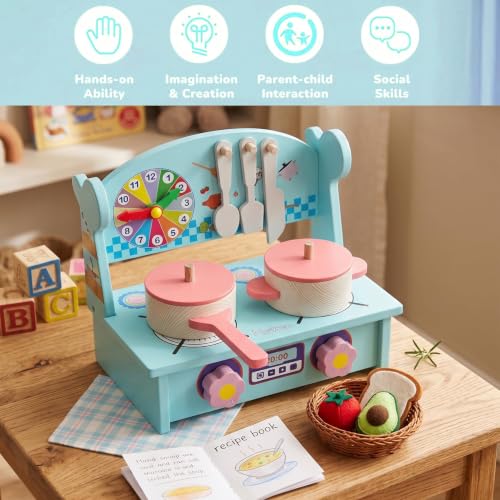 Image of Cute & Stylish Real Wooden Pretend Play Kitchen Set for Kids with Cooking Accessories Montessori Educational Toy Kitchen Playset for Boys Girls and Toddlers