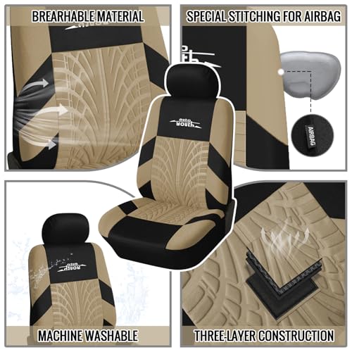 AUTOYOUTH Car Seat Covers Full Set, Front Bucket Seat Covers with Split Bench Back Seat Covers for Cars for Women Full Set Seat Protectors - 9pcs,Beige…
