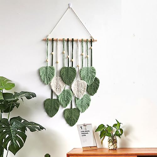Betylifoy Makramee Wandbehang Wandteppich Boho Deko Makramee Wandteppich mit Holzperlen und Grün Blätter Tapisserie Wandbehang Boho für Schlafzimmer Kinderzimmer Wanddeko
