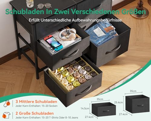 Coleshome Kommode mit 5 Stoffschubladen, Kommode mit Schubladen mit 2 Große und 3 Kleine, Holzplatte Robustem Stahlrahmen, Geeignet für Schlaf- und Wohnzimmer, 76 x 29 x 60cm, Schwarz