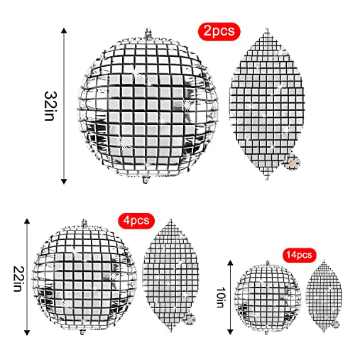 Wxj13 20 Pack Big Disco Ball Balloons For 3 Different Sizes, 32” 22” 10‘’ 4D Large Disco Balloons Round Metallic Silver Disco Mylar Foil Balloons For 70S 80S Disco Party Decorations #TOP1