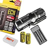 Nitecore EC11 900 Lumens Brightest Mini Cree XM-L2 U2 LED Flashlight with 2x Nitecore Rechargeable IMR 18350 batteries, UM20 charger, and a Lumen Tactical Keychain Light