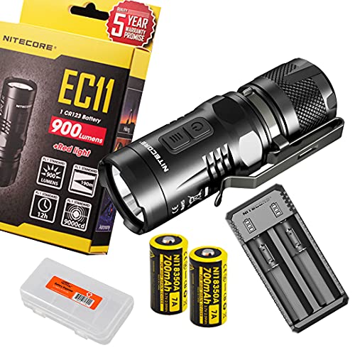 Nitecore EC11 900 Lumens Compact LED Flashlight with Two Rechargeable IMR 18350 batteries, charger, and a Battery Organizer