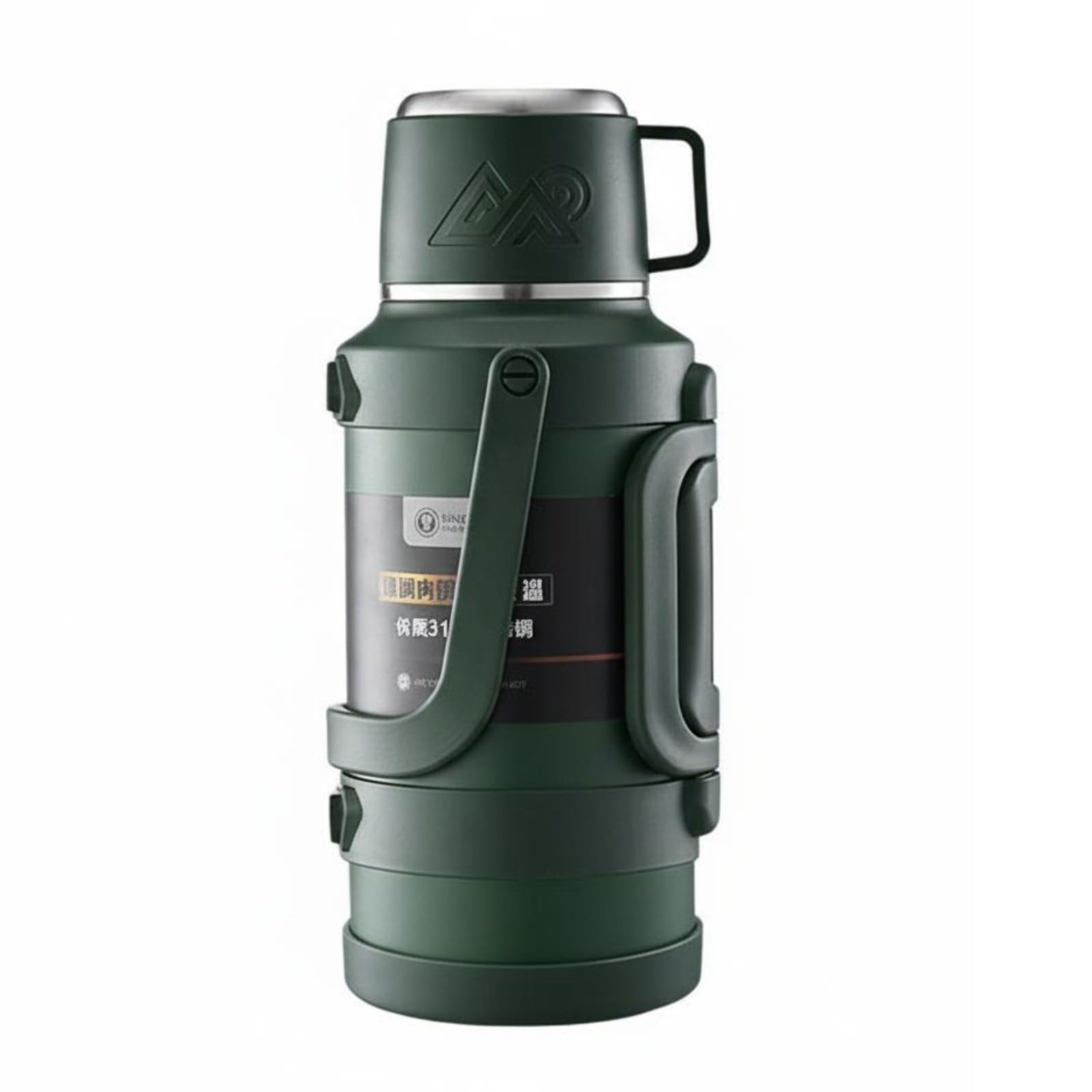 Borraccia Termica Grande Capacità Senza BPA Borraccia Sottovuoto Grande Capacità Coperchio-Tazza Fiaschetta Termica con Manico per Esterni, Campeggio, Verde Militare, 1700ml