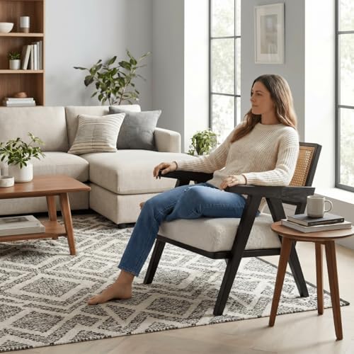 Image of Kingsman Furnitures ABEL Rattan Teak Wood Accent Arm Chair for Home Bedroom, Living, Dining, Drawing Room | Ultra Soft and Comfortable for Stress Free | Removable Cushion (Natural Cane- Boucle)