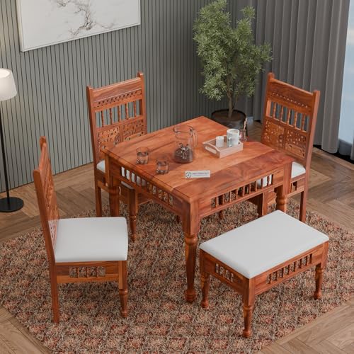 Image of Jangid Handicraft Dining Table 4 Seater | Solid Sheesham Wood Four Seater Dinning Table Set with 3 Cushioned Chairs & 1 Bench | Rectangular Dinner Table for Home, Kitchen & Living Room, Natural Finish