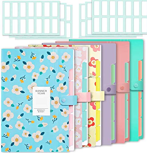Selizo 6 Pcs Expanding File Folder with 5 Pockets Document Organizer Plastic A4 Size and 168 Pcs File Folder Labels for School Teacher and Office