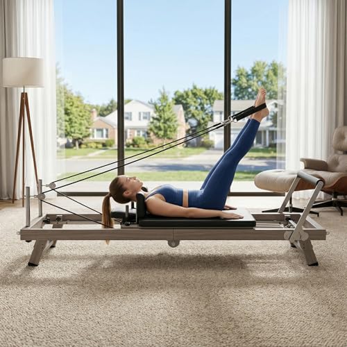 75 Foldable Pilates Reformer for Home Professional Wood-Grain Pilates Bed with Resistance Springs & Latex Tubes Compact Fitness Gift for Petite Women up to 59 Easy Assembly Workout Machine