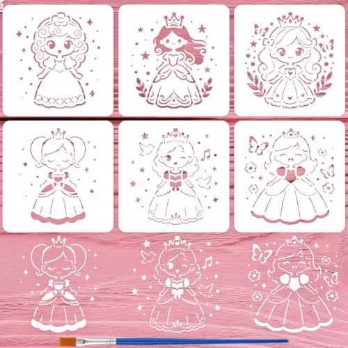 FINGERINSPIRE 6Pcs Pochoirs Princesse 15x15cm Pochoir Peinture Princesse Cartoon Mignons Modèles Conte de Fées Avec Un Pinceau pour Décoration Mur Sol...