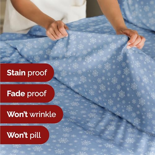 Full Christmas Blue Snowflakes Sheet Set - Holiday Xmas Pattern Bedding Set - Deep Pockets - Snug Fit - 4 Piece - Wrinkle Free - Cooling Festive Winter - Holiday Sheets for Women, Men, Kids & Teens