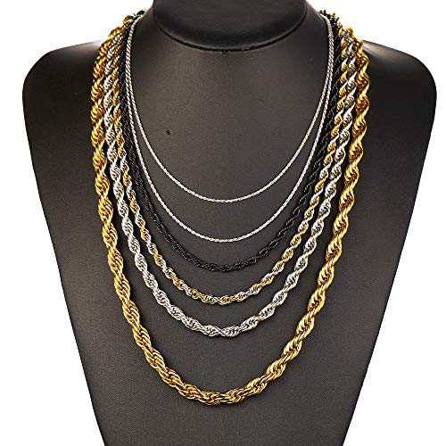 U7 Colar corrente de corda torcida de aço inoxidável banhado a ouro real 18 K para homens e mulheres