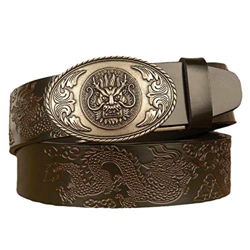 Ceinture à cliquet homme boucle ovale cowboy gravée tête dragon micro-réglable
