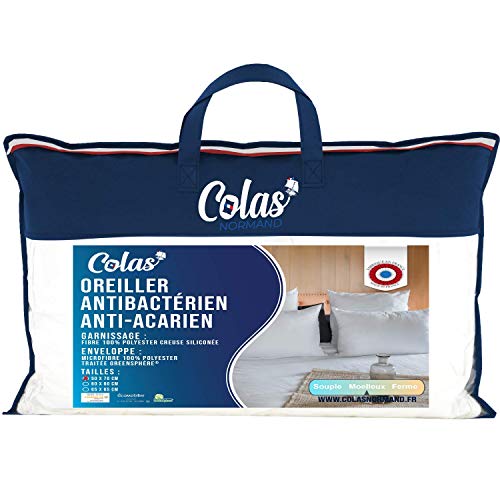 Colas Normand 73130215 Almohada Antiácaros y Antibacteriana, Esponjosa, 50 x 70 cm, Acción Duradera, Higiene, Microfibra, Suave y Cómoda, Lavable, Fabricado en Francés, Blanco